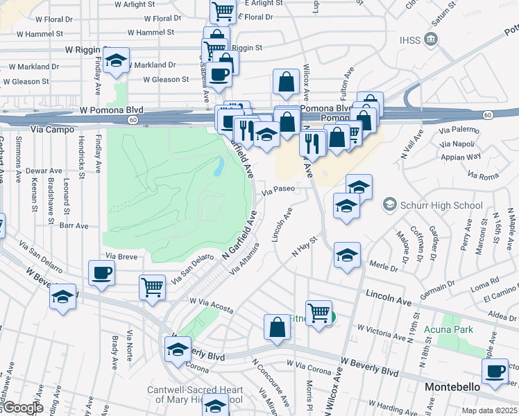 map of restaurants, bars, coffee shops, grocery stores, and more near 2741 Via Paseo in Montebello