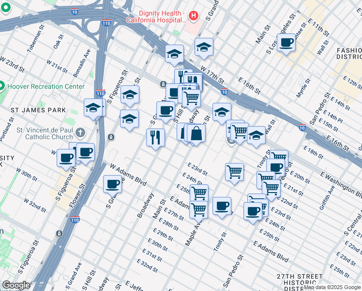 map of restaurants, bars, coffee shops, grocery stores, and more near 2121 South Broadway in Los Angeles