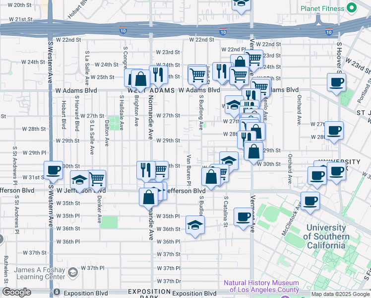 map of restaurants, bars, coffee shops, grocery stores, and more near 1588 West 29th Street in Los Angeles