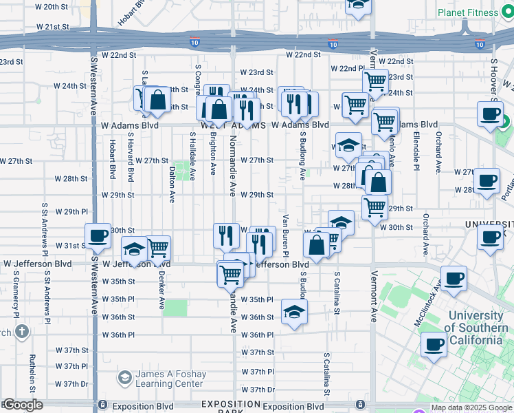 map of restaurants, bars, coffee shops, grocery stores, and more near 1650 West 29th Street in Los Angeles