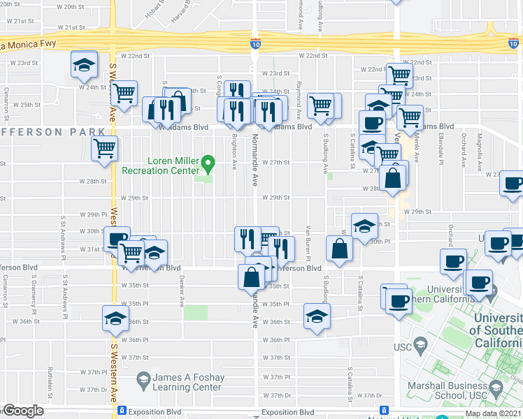 map of restaurants, bars, coffee shops, grocery stores, and more near 2903 Normandie Avenue in Los Angeles