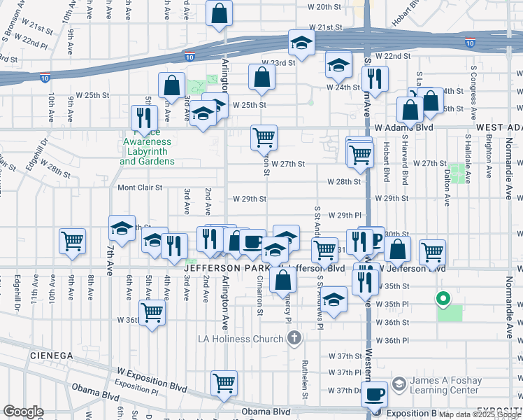 map of restaurants, bars, coffee shops, grocery stores, and more near 2222 West 29th Street in Los Angeles