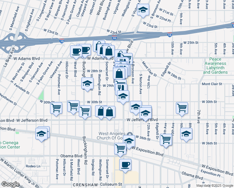 map of restaurants, bars, coffee shops, grocery stores, and more near 2913 South Victoria Avenue in Los Angeles