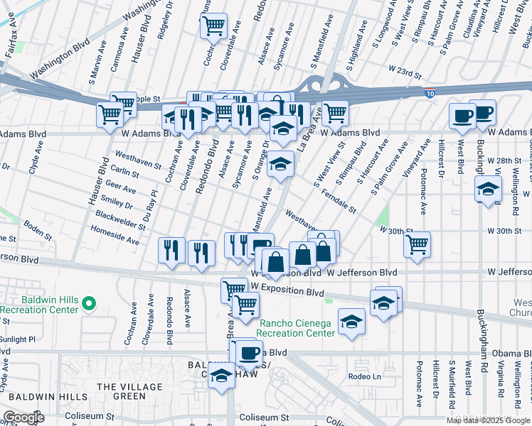 map of restaurants, bars, coffee shops, grocery stores, and more near 2827 South La Brea Avenue in Los Angeles