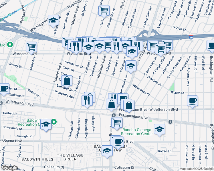 map of restaurants, bars, coffee shops, grocery stores, and more near 2823 South Sycamore Avenue in Los Angeles