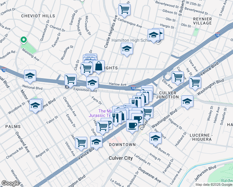map of restaurants, bars, coffee shops, grocery stores, and more near 3602 Cardiff Avenue in Los Angeles
