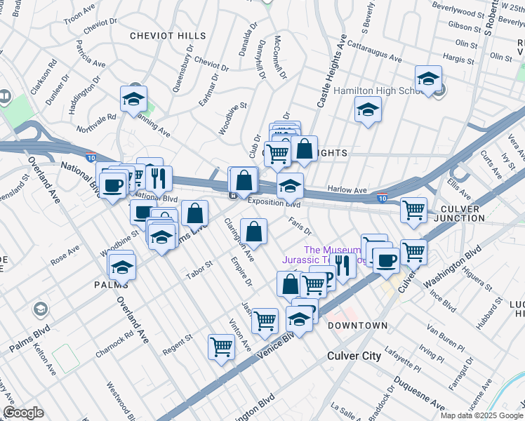 map of restaurants, bars, coffee shops, grocery stores, and more near 9850 Exposition Boulevard in Los Angeles