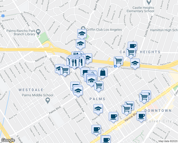 map of restaurants, bars, coffee shops, grocery stores, and more near 10234 National Boulevard in Los Angeles
