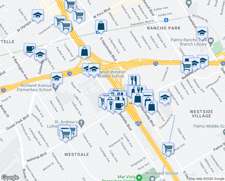 map of restaurants, bars, coffee shops, grocery stores, and more near 11277 West Sardis Avenue in Los Angeles