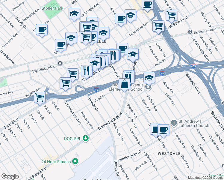 map of restaurants, bars, coffee shops, grocery stores, and more near 2490 Granville Avenue in Los Angeles