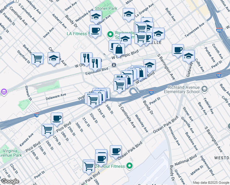 map of restaurants, bars, coffee shops, grocery stores, and more near 2304 South Carmelina Avenue in Los Angeles