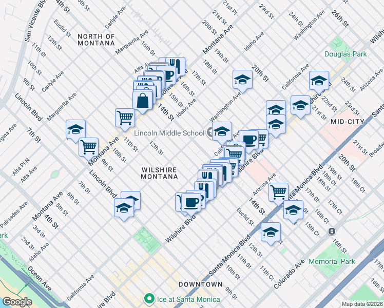map of restaurants, bars, coffee shops, grocery stores, and more near 1314 Washington Avenue in Santa Monica
