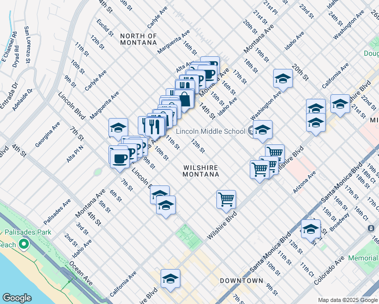map of restaurants, bars, coffee shops, grocery stores, and more near 1130 Idaho Avenue in Santa Monica