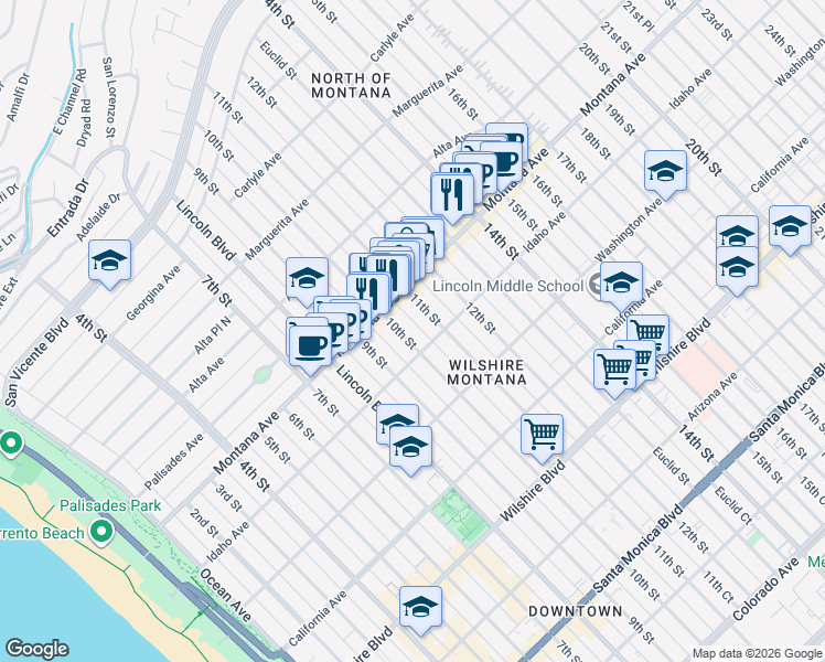 map of restaurants, bars, coffee shops, grocery stores, and more near 842 11th Street in Santa Monica