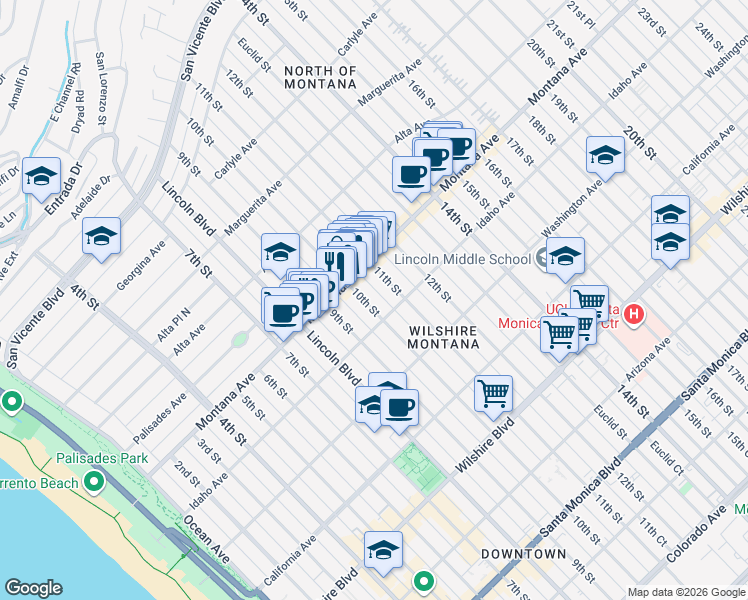 map of restaurants, bars, coffee shops, grocery stores, and more near 815 10th Street in Santa Monica