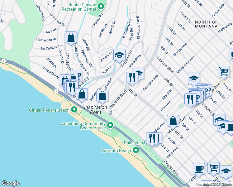 map of restaurants, bars, coffee shops, grocery stores, and more near 305 San Vicente Boulevard in Santa Monica
