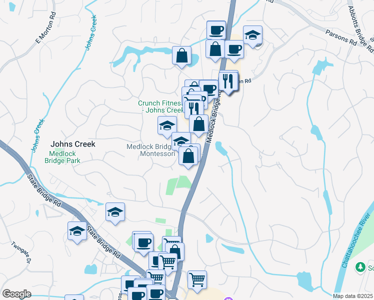map of restaurants, bars, coffee shops, grocery stores, and more near 5835 Medlock Bridge Parkway in Johns Creek