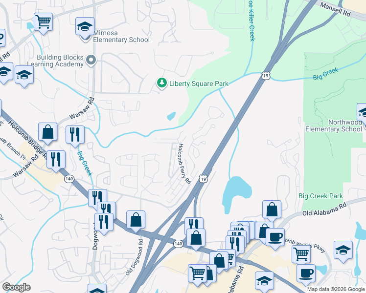 map of restaurants, bars, coffee shops, grocery stores, and more near 172 Holcomb Ferry Road in Roswell