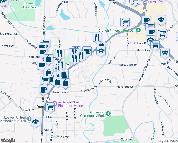 map of restaurants, bars, coffee shops, grocery stores, and more near 210 Opal Drive in Roswell