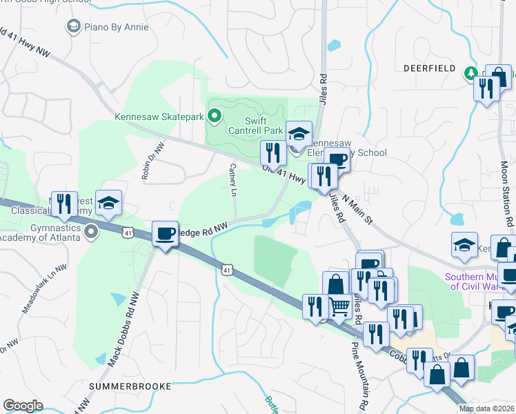 map of restaurants, bars, coffee shops, grocery stores, and more near 3057 Rutledge Road Northwest in Kennesaw