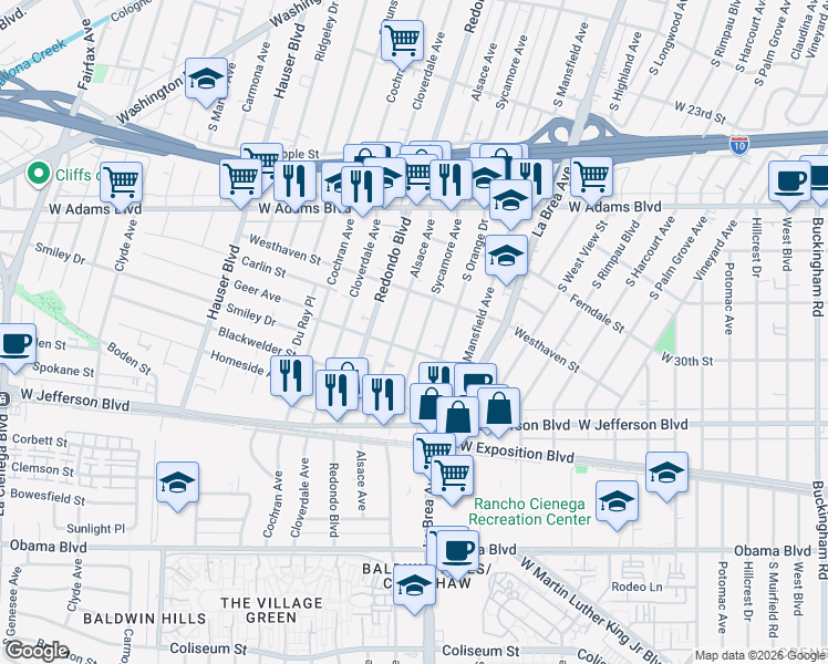 map of restaurants, bars, coffee shops, grocery stores, and more near 2841 South Sycamore Avenue in Los Angeles