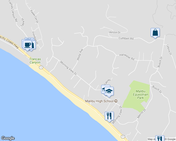 map of restaurants, bars, coffee shops, grocery stores, and more near 30429 Morning View Drive in Malibu