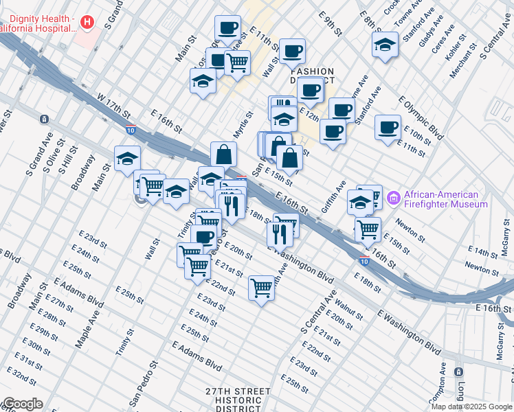 map of restaurants, bars, coffee shops, grocery stores, and more near 726 East 17th Street in Los Angeles