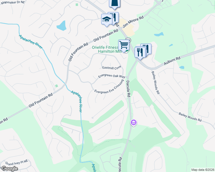 map of restaurants, bars, coffee shops, grocery stores, and more near 1062 Wildwood Wake Bend in Dacula