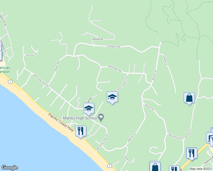map of restaurants, bars, coffee shops, grocery stores, and more near 5944 Filaree Heights Road in Malibu
