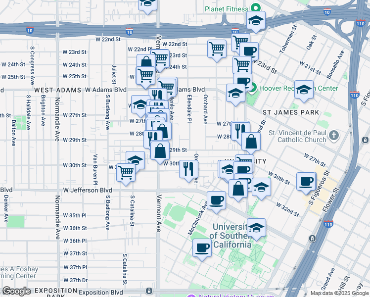 map of restaurants, bars, coffee shops, grocery stores, and more near 2831 Ellendale Place in Los Angeles