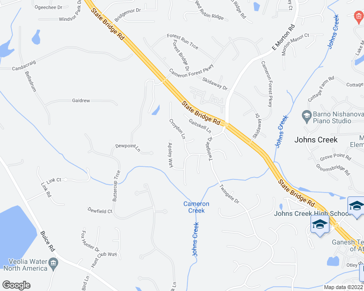 map of restaurants, bars, coffee shops, grocery stores, and more near 520 Croydon Lane in Alpharetta