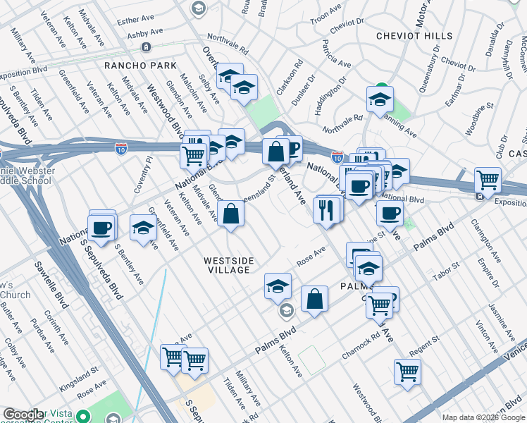 map of restaurants, bars, coffee shops, grocery stores, and more near 3236 Malcolm Avenue in Los Angeles
