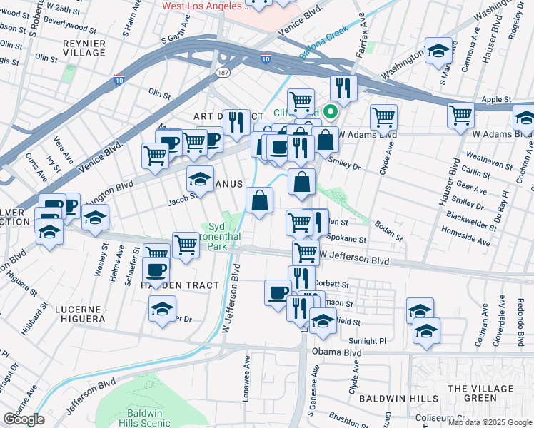 map of restaurants, bars, coffee shops, grocery stores, and more near 3243 South La Cienega Boulevard in Los Angeles