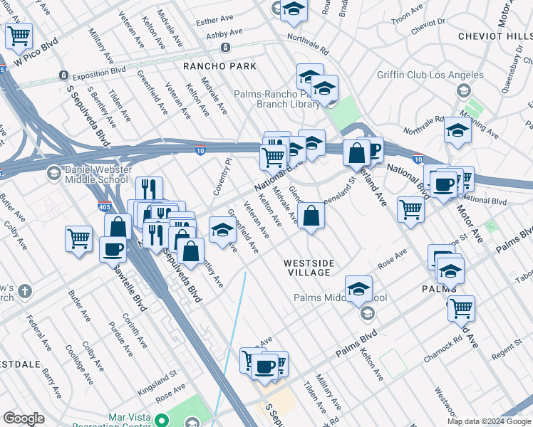 map of restaurants, bars, coffee shops, grocery stores, and more near 3045 Kelton Avenue in Los Angeles