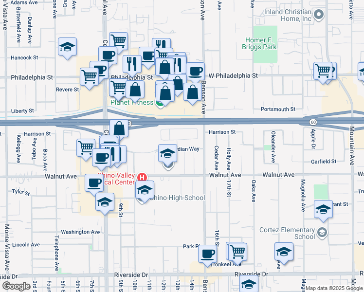 map of restaurants, bars, coffee shops, grocery stores, and more near 5610 Guardian Way in Chino