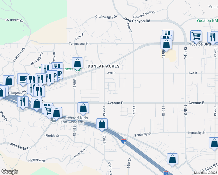 map of restaurants, bars, coffee shops, grocery stores, and more near 12358 Rembrandt Way in Yucaipa