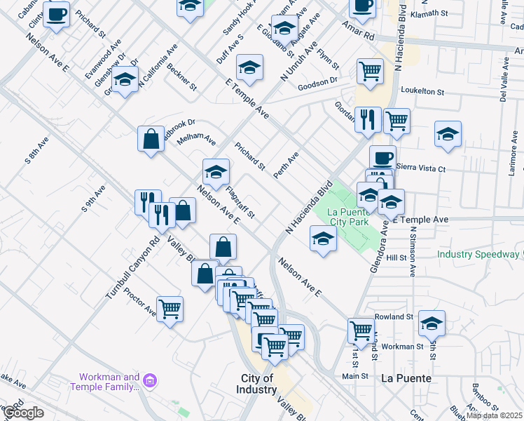 map of restaurants, bars, coffee shops, grocery stores, and more near 15355 Las Vecinas Drive in La Puente