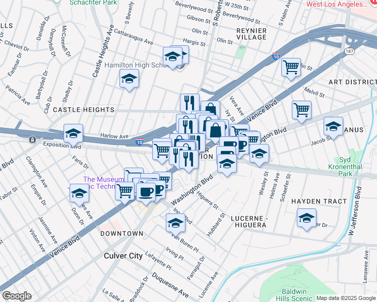 map of restaurants, bars, coffee shops, grocery stores, and more near 8953 Venice Boulevard in Los Angeles