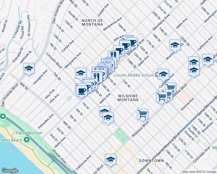 map of restaurants, bars, coffee shops, grocery stores, and more near in Santa Monica
