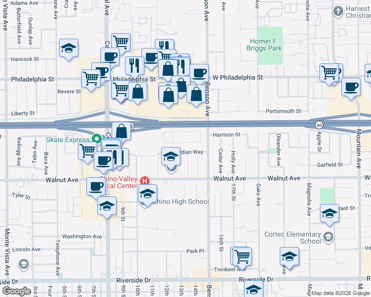 map of restaurants, bars, coffee shops, grocery stores, and more near 5610 Guardian Way in Chino