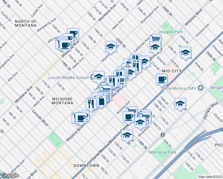 map of restaurants, bars, coffee shops, grocery stores, and more near 1142 16th Street in Santa Monica