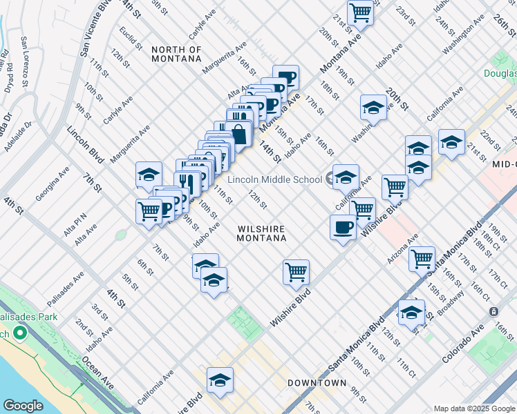 map of restaurants, bars, coffee shops, grocery stores, and more near 930 12th Street in Santa Monica
