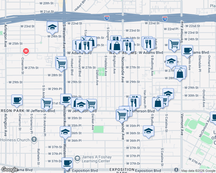 map of restaurants, bars, coffee shops, grocery stores, and more near 2916 South Halldale Avenue in Los Angeles