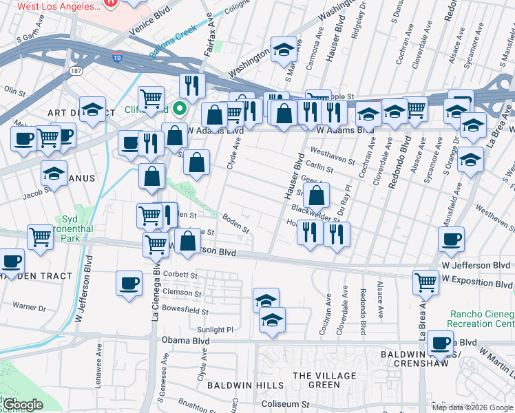map of restaurants, bars, coffee shops, grocery stores, and more near 5608 Blackwelder Street in Los Angeles