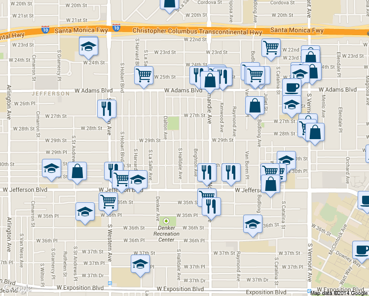 map of restaurants, bars, coffee shops, grocery stores, and more near 2916 South Halldale Avenue in Los Angeles