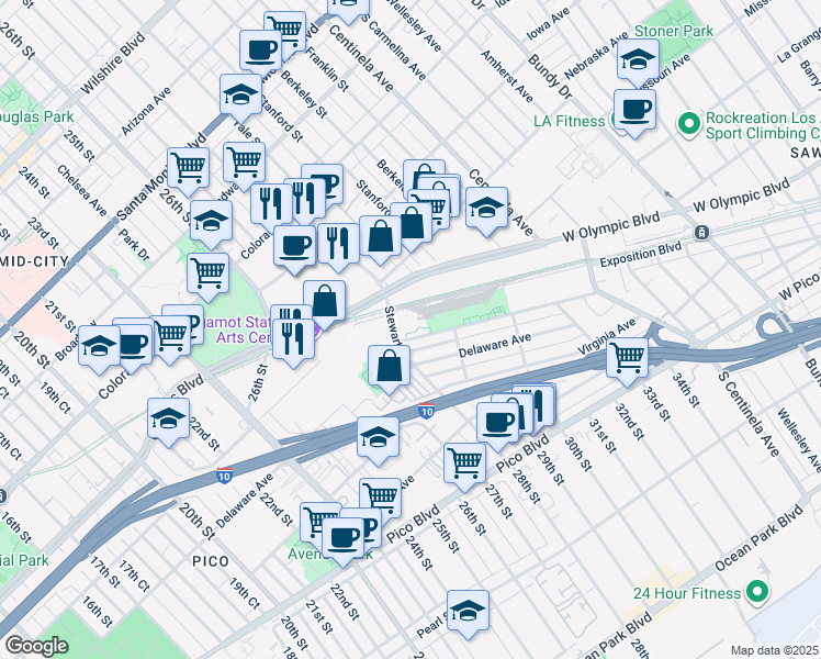 map of restaurants, bars, coffee shops, grocery stores, and more near 1831 Stewart Street in Santa Monica