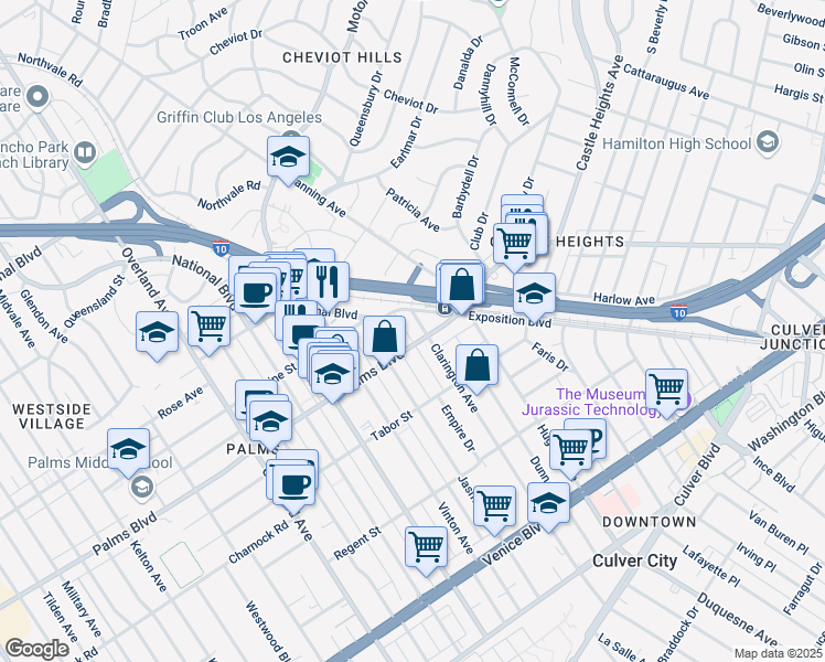 map of restaurants, bars, coffee shops, grocery stores, and more near 10100 National Boulevard in Los Angeles