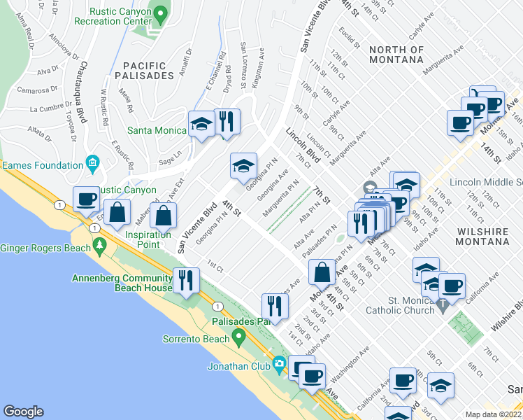 map of restaurants, bars, coffee shops, grocery stores, and more near 426 Georgina Avenue in Santa Monica