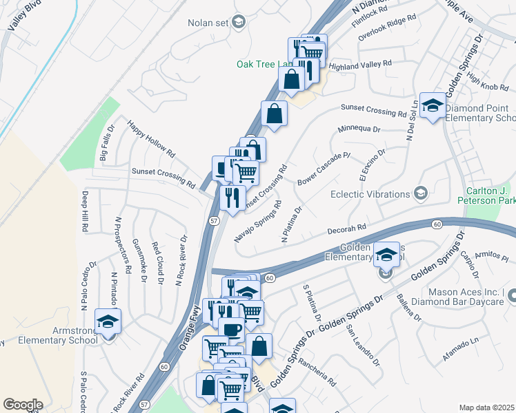 map of restaurants, bars, coffee shops, grocery stores, and more near 23430 Sunset Crossing Road in Diamond Bar