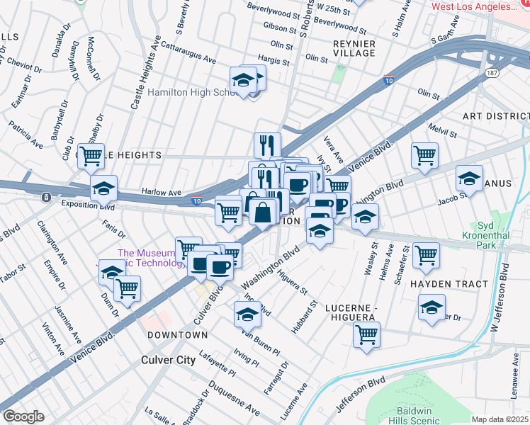 map of restaurants, bars, coffee shops, grocery stores, and more near 3384 South Robertson Boulevard in Los Angeles
